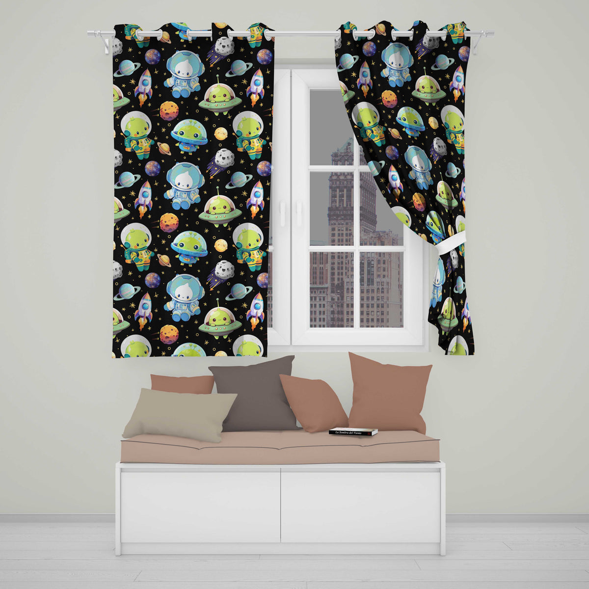 Space Astronaut Alien UFO Planets Meteors Stars Seamless  Black Background  Readymade Eyelet Ring Top Thermal 100% Blackout Curtains