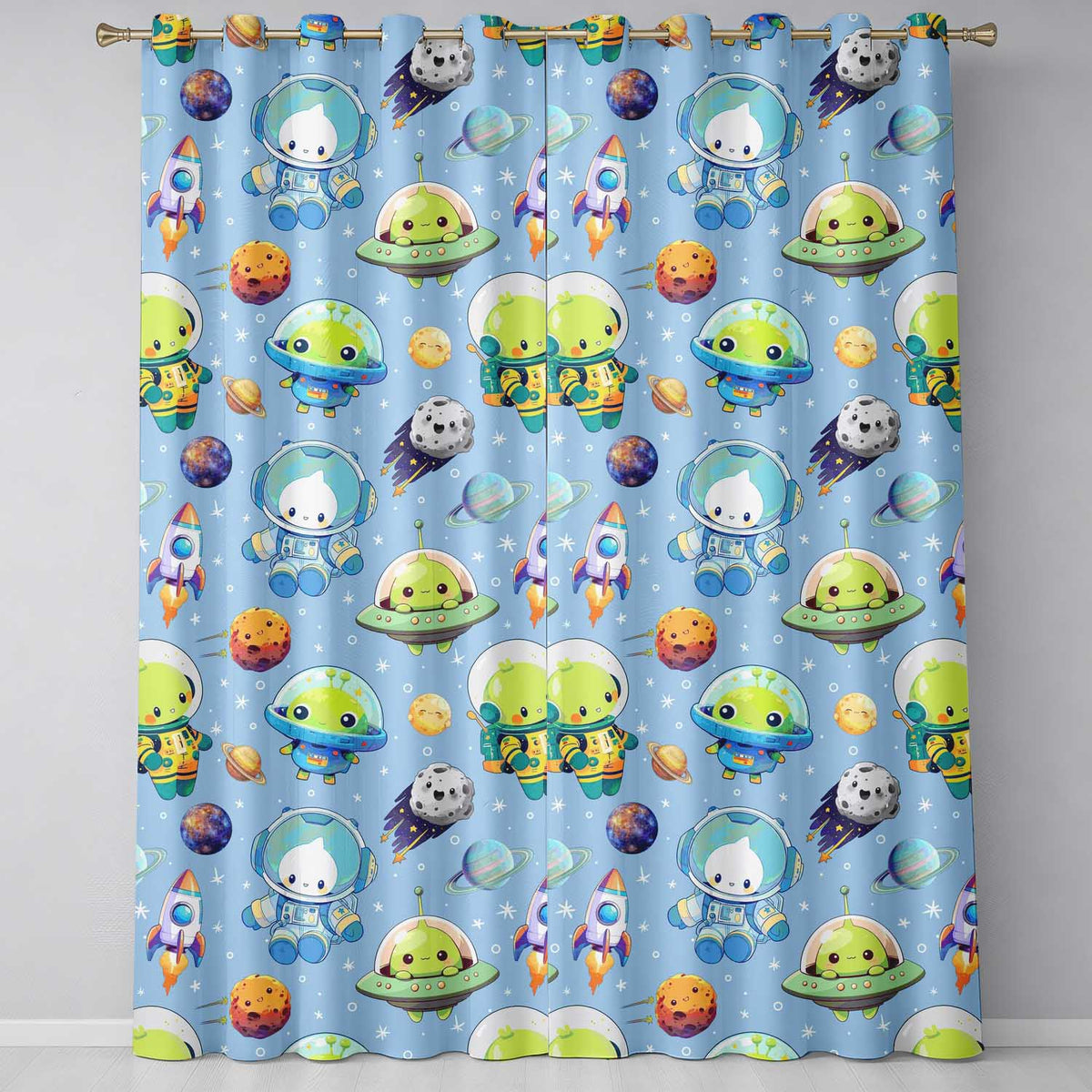 Space Astronaut Alien UFO Planets Meteors Stars Seamless  Blue Background  Readymade Eyelet Ring Top Thermal 100% Blackout Curtains