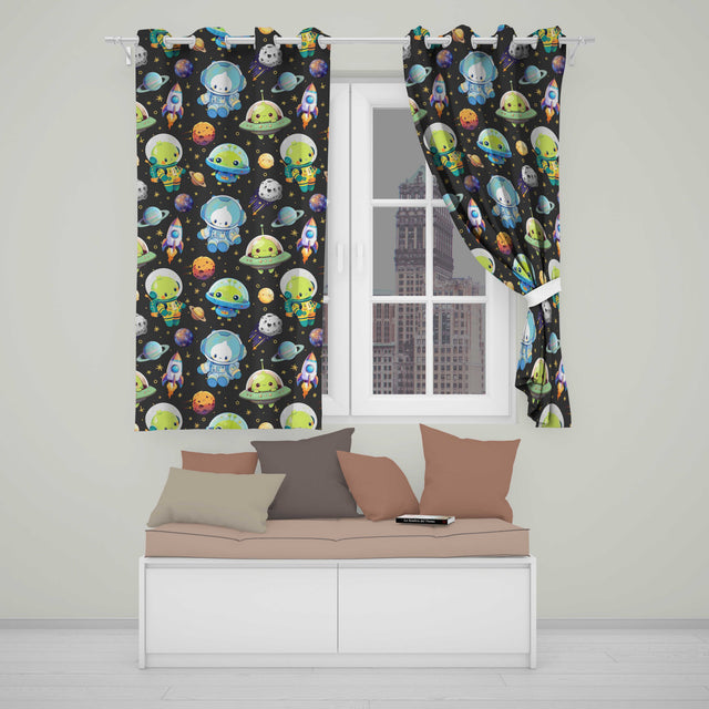 Space Astronaut Alien UFO Planets Meteor Stars Seamless  Dark Brown Background  Readymade Eyelet Ring Top Thermal 100% Blackout Curtains