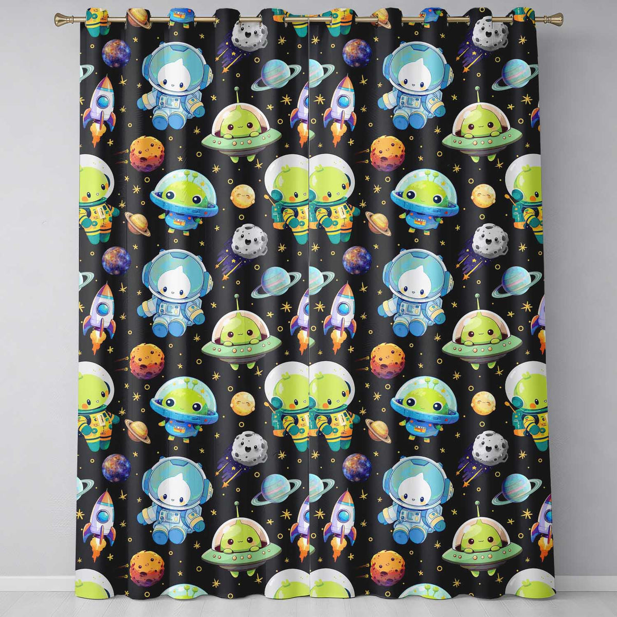 Space Astronaut Alien UFO Planets Meteor Stars Seamless  Dark Brown Background  Readymade Eyelet Ring Top Thermal 100% Blackout Curtains