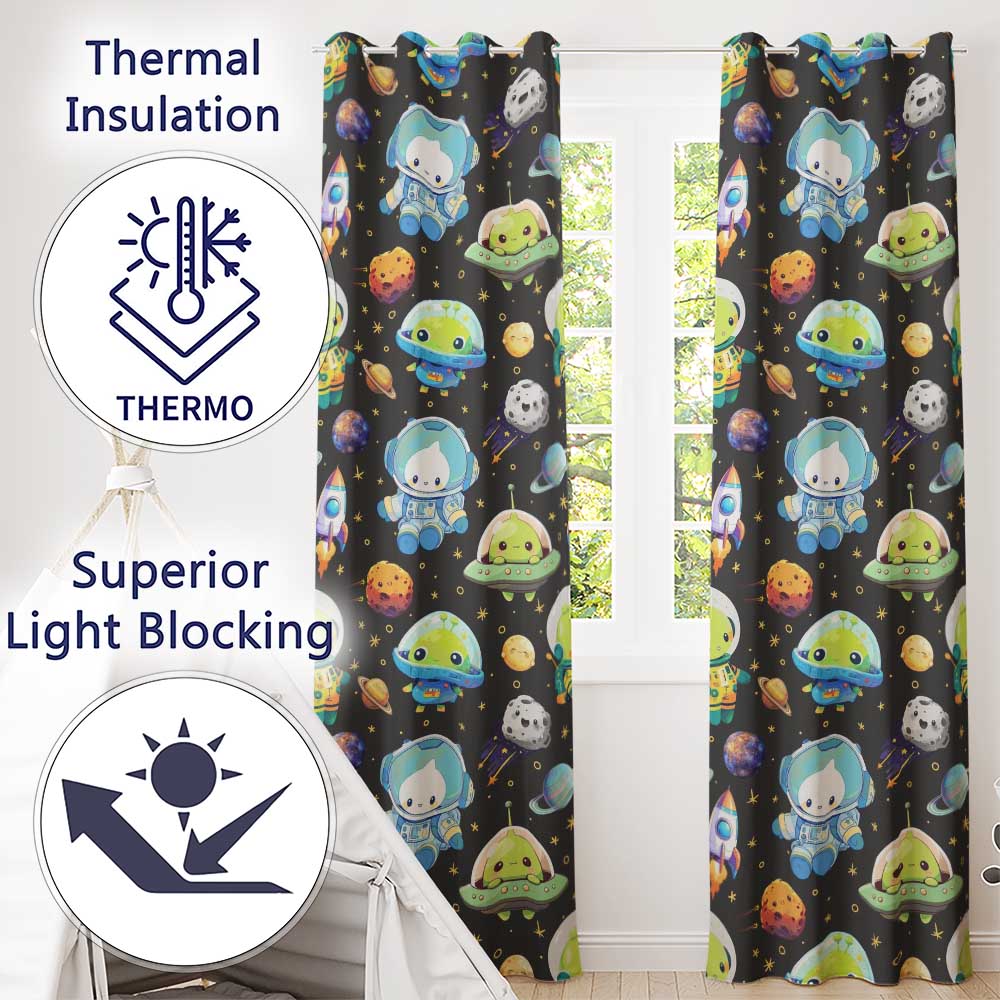 Space Astronaut Alien UFO Planets Meteor Stars Seamless  Dark Brown Background  Readymade Eyelet Ring Top Thermal 100% Blackout Curtains
