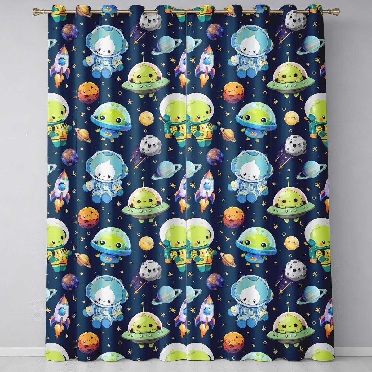 Space Astronaut Alien UFO Planets Meteors Stars Seamless  Navy Background  Readymade Eyelet Ring Top Thermal 100% Blackout Curtains