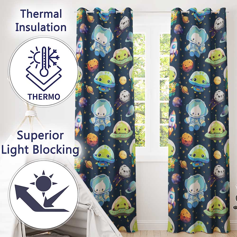 Space Astronaut Alien UFO Planets Meteors Stars Seamless  Navy Background  Readymade Eyelet Ring Top Thermal 100% Blackout Curtains