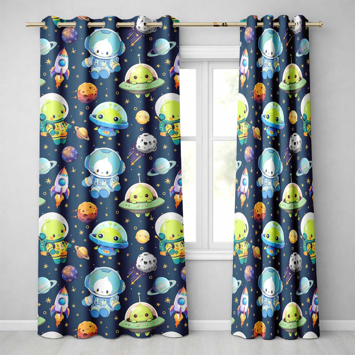 Space Astronaut Alien UFO Planets Meteors Stars Seamless  Navy Background  Readymade Eyelet Ring Top Thermal 100% Blackout Curtains