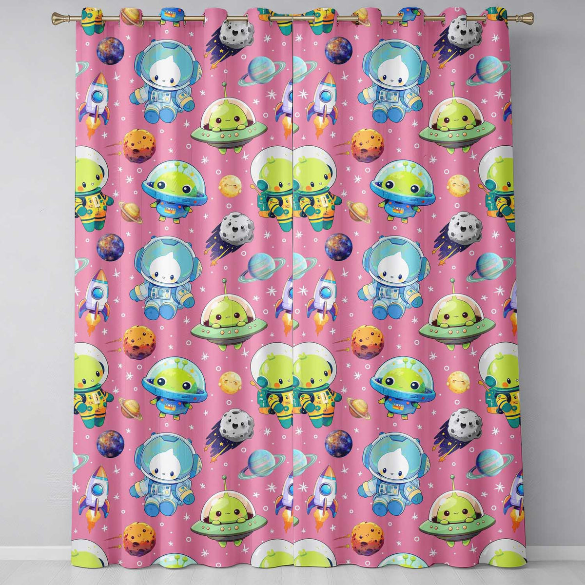 Space Astronaut Alien UFO Planets Meteors Stars Seamless  Pink Background  Readymade Eyelet Ring Top Thermal 100% Blackout Curtains