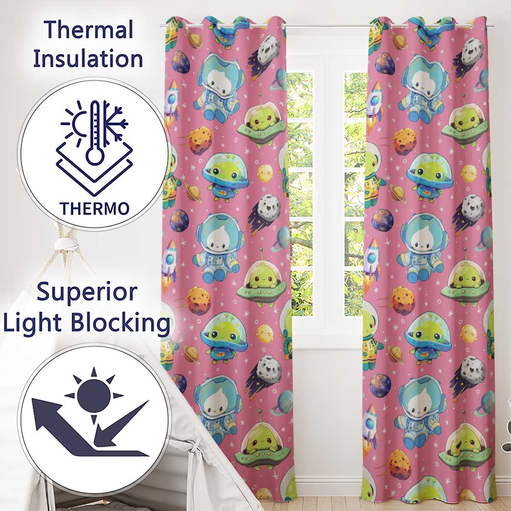 Space Astronaut Alien UFO Planets Meteors Stars Seamless  Pink Background  Readymade Eyelet Ring Top Thermal 100% Blackout Curtains