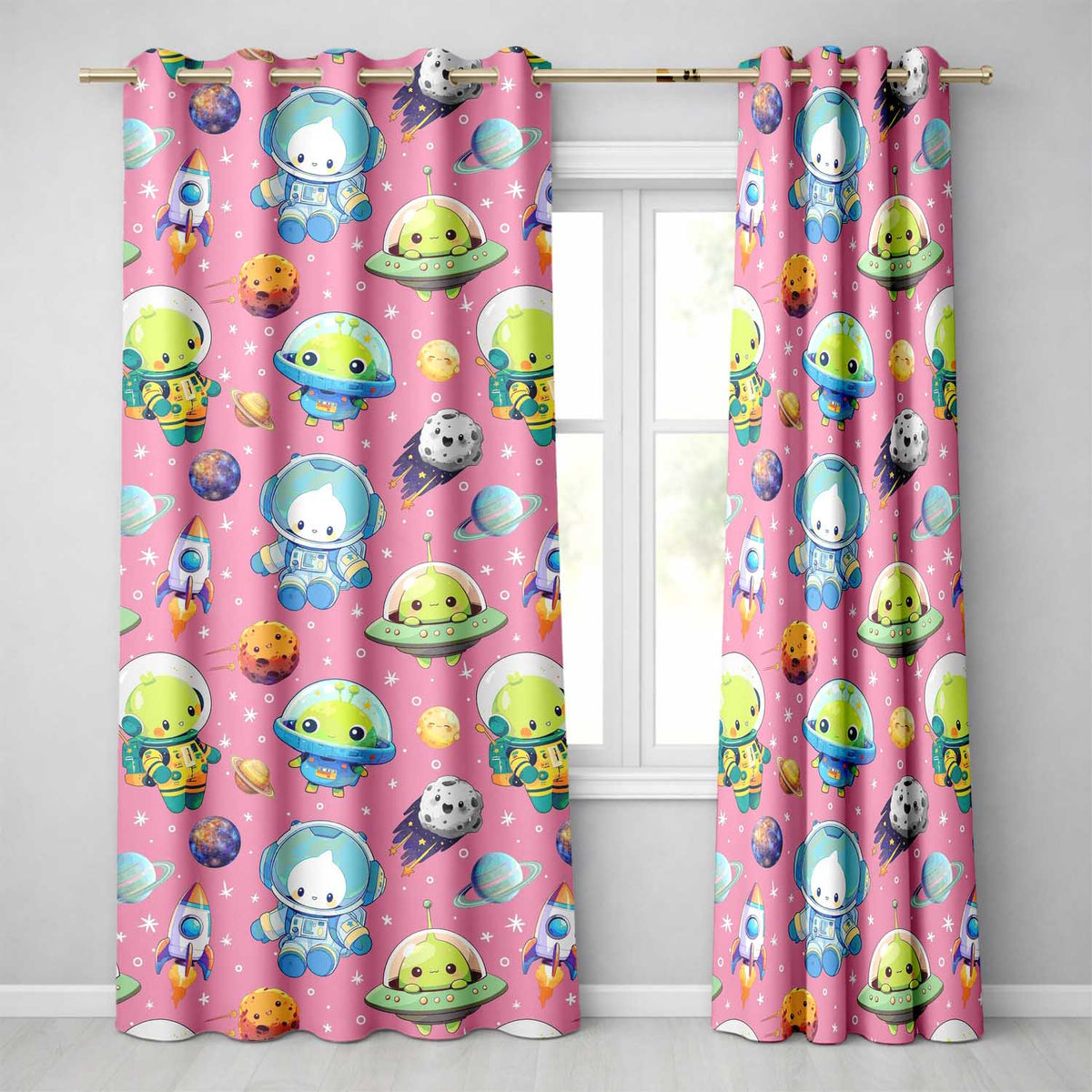 Space Astronaut Alien UFO Planets Meteors Stars Seamless  Pink Background  Readymade Eyelet Ring Top Thermal 100% Blackout Curtains
