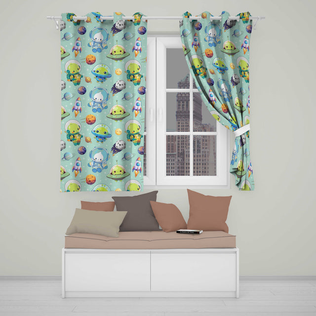 Space Astronaut Alien UFO Planets Meteors Stars Seamless  Mint Background  Readymade Eyelet Ring Top Thermal 100% Blackout Curtains