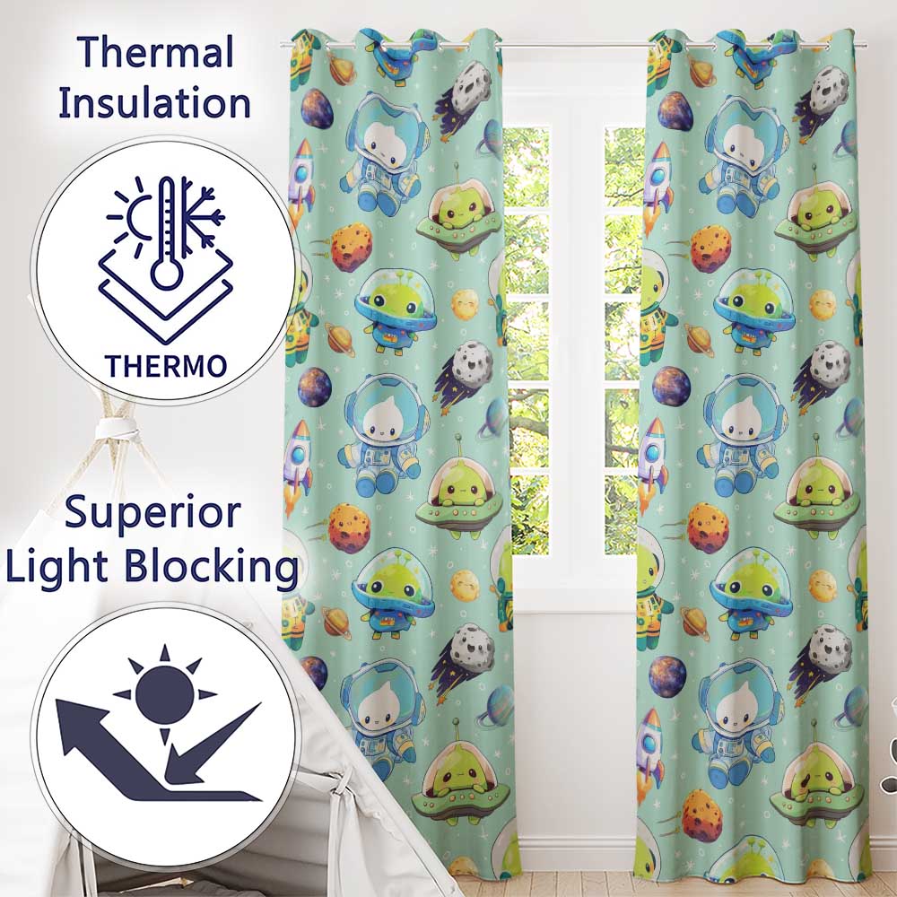 Space Astronaut Alien UFO Planets Meteors Stars Seamless  Mint Background  Readymade Eyelet Ring Top Thermal 100% Blackout Curtains
