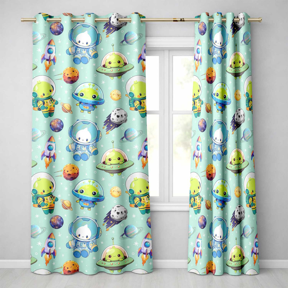 Space Astronaut Alien UFO Planets Meteors Stars Seamless  Mint Background  Readymade Eyelet Ring Top Thermal 100% Blackout Curtains
