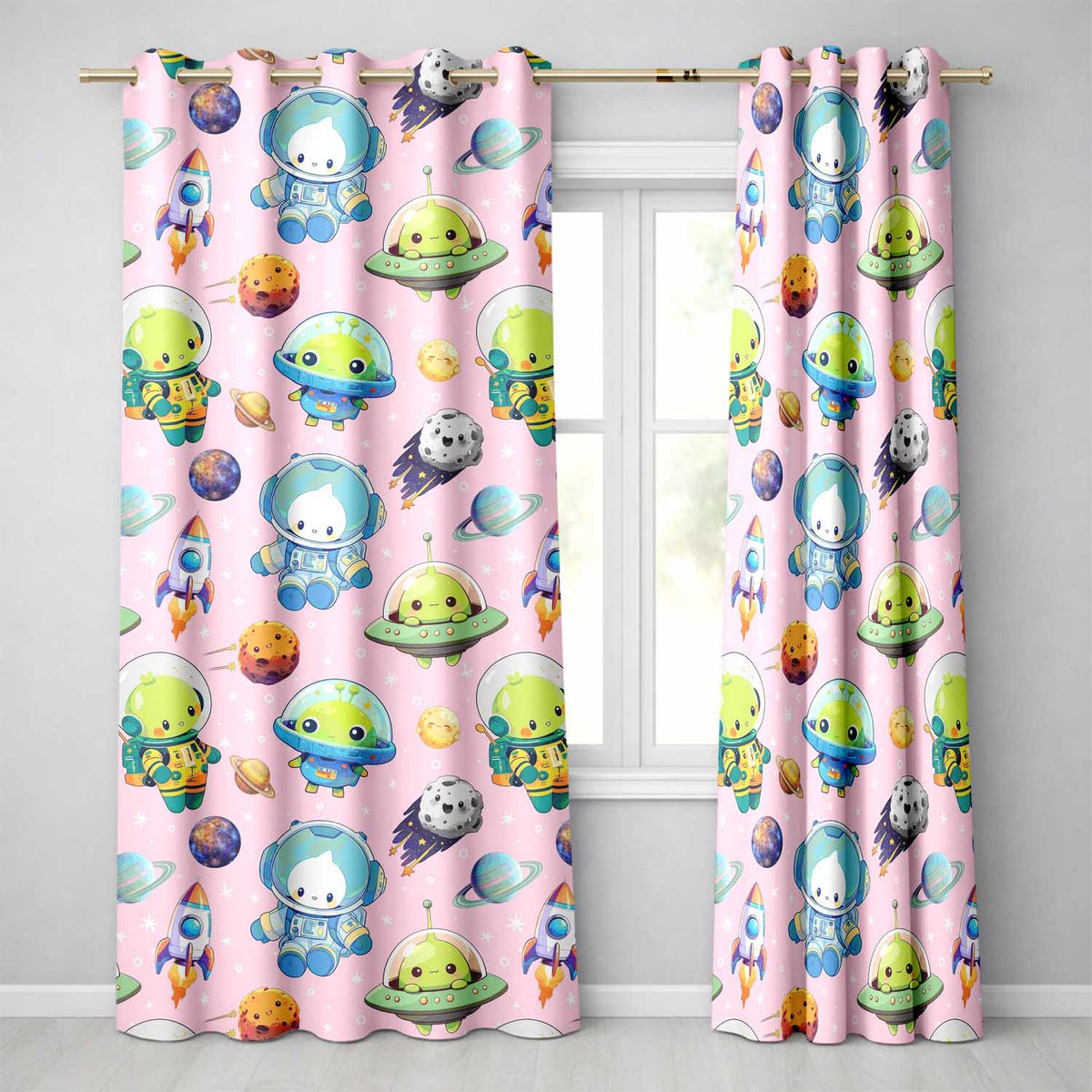 Space Astronaut Alien UFO Planets Meteors Stars Seamless  Soft Pink Background  Readymade Eyelet Ring Top Thermal 100% Blackout Curtains