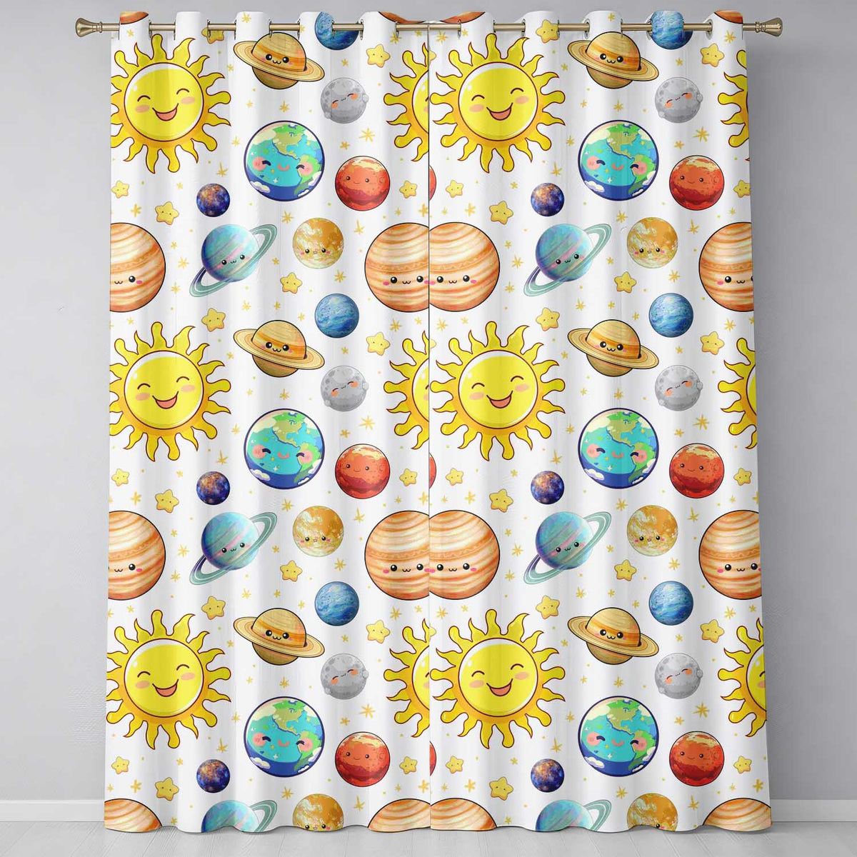 Space Astronaut Alien UFO Planets Meteors Stars Seamless  White Background  Readymade Eyelet Ring Top Thermal 100% Blackout Curtains