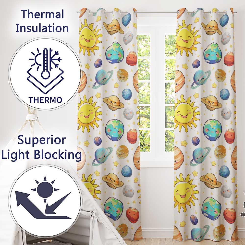 Space Astronaut Alien UFO Planets Meteors Stars Seamless  White Background  Readymade Eyelet Ring Top Thermal 100% Blackout Curtains