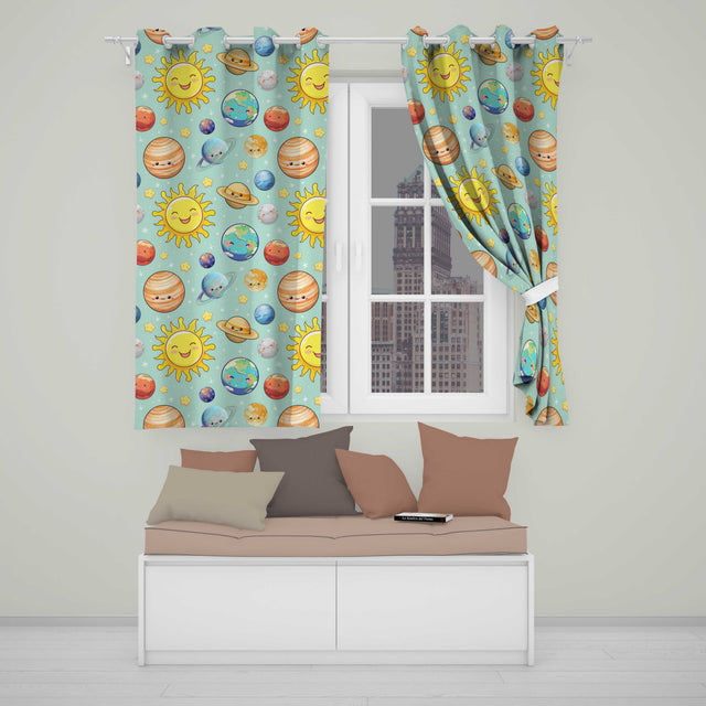 Solar System Sun Earth Saturn Planets Stars Seamless  Mint Background  Readymade Eyelet Ring Top Thermal 100% Blackout Curtains