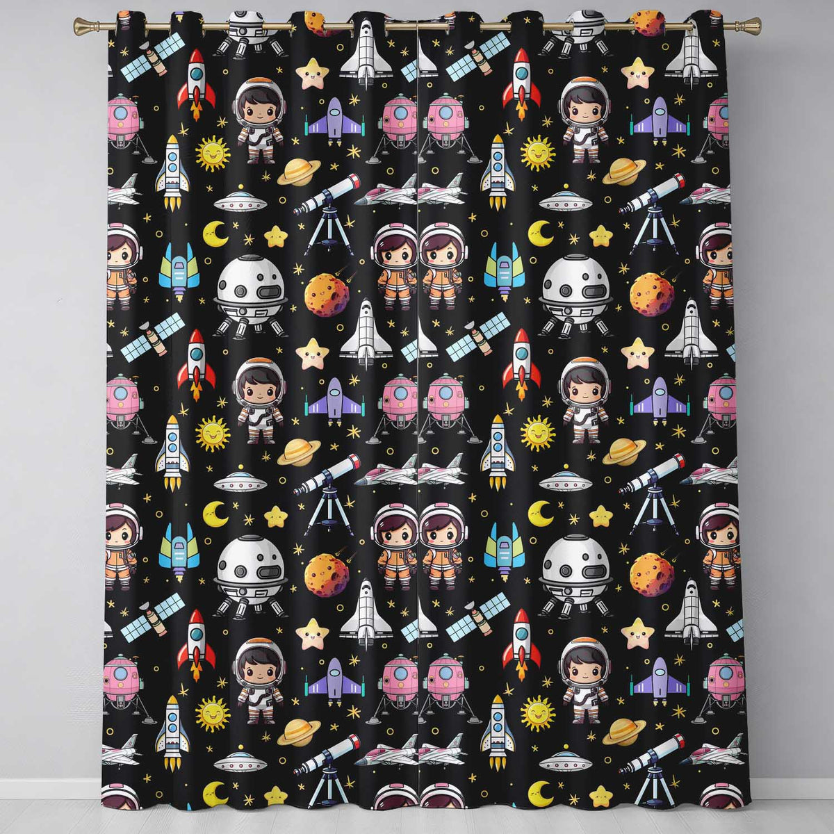 Space Astronaut Rockets UFO Telescope Stars Seamless  Black Background  Readymade Eyelet Ring Top Thermal 100% Blackout Curtains