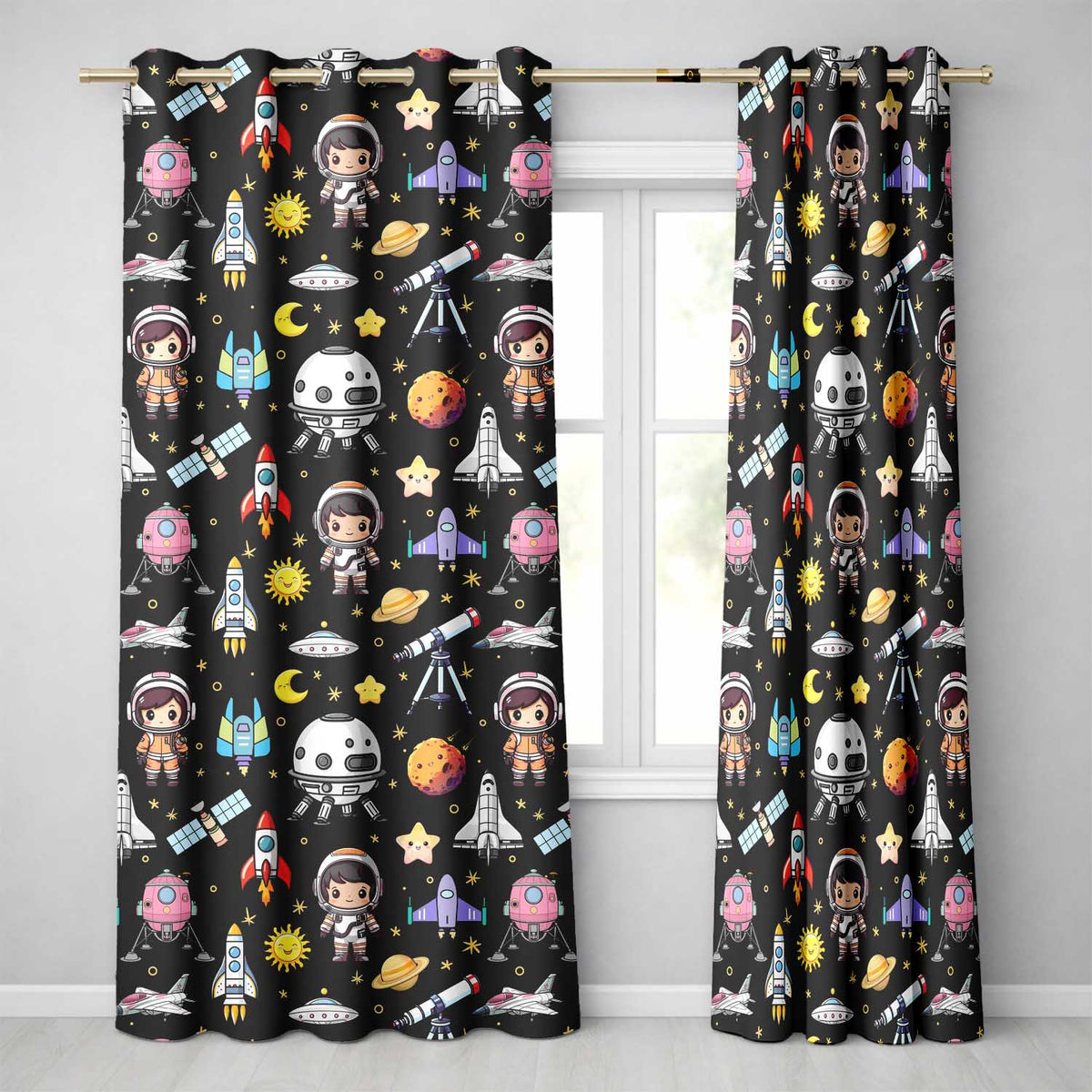Space Astronaut Rockets UFO Telescope Stars Seamless  Black Background  Readymade Eyelet Ring Top Thermal 100% Blackout Curtains