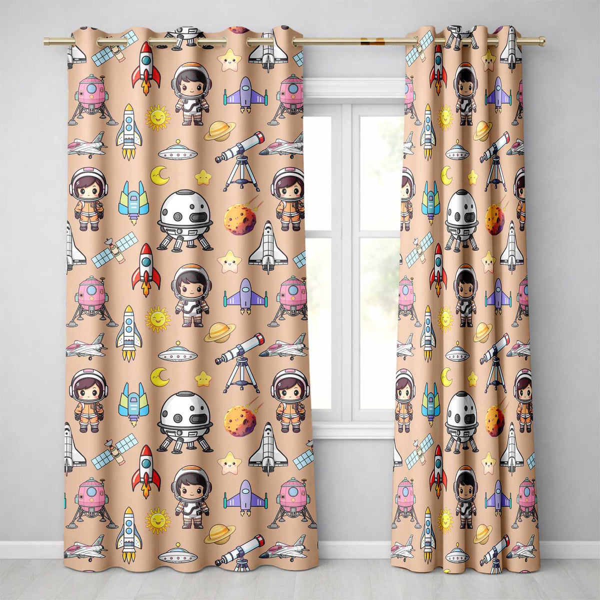 Space Astronaut Rockets UFO Telescope Stars Seamless  Peach Background  Readymade Eyelet Ring Top Thermal 100% Blackout Curtains