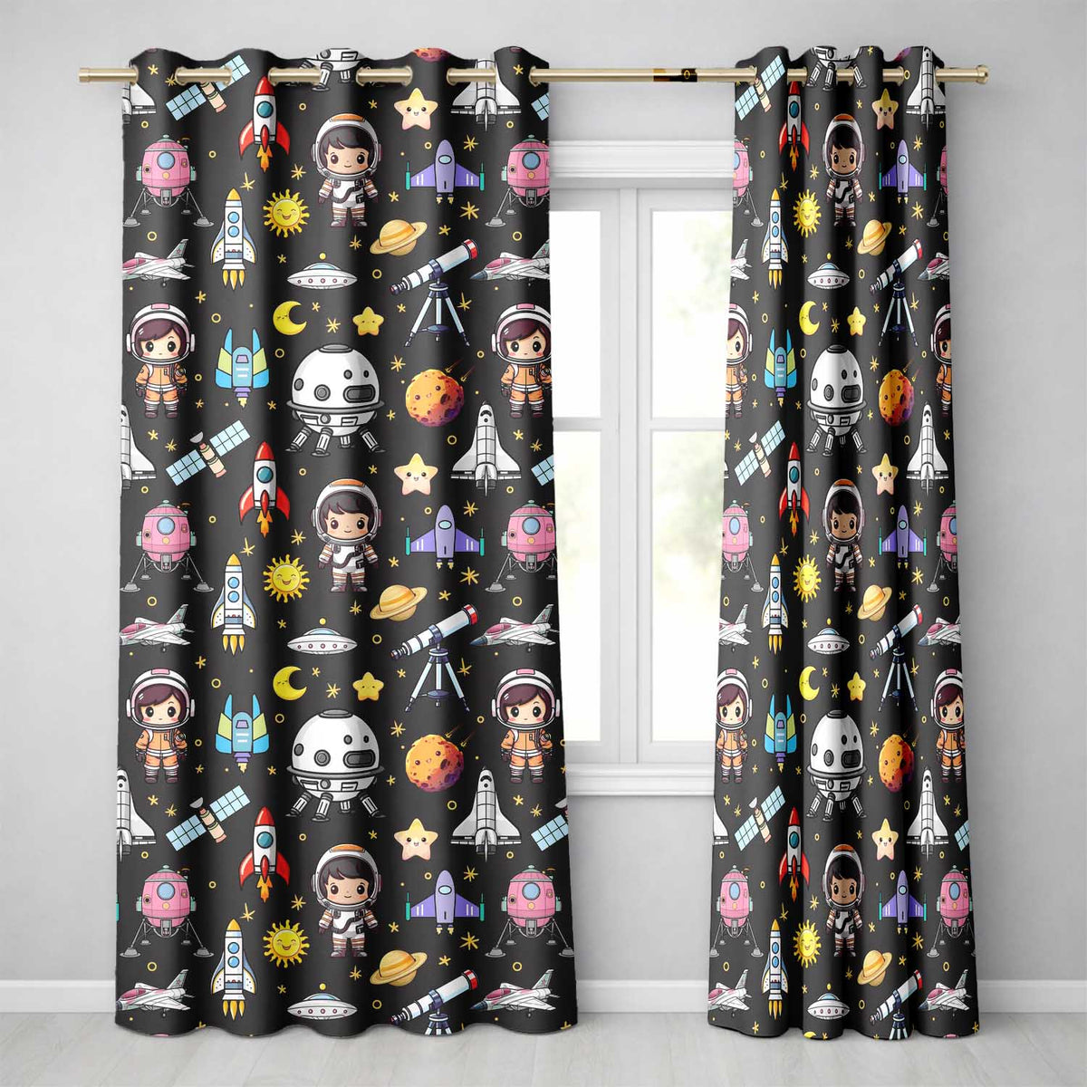 Space Astronaut Rockets UFO Telescope Stars Seamless  Dark Grey Background  Readymade Eyelet Ring Top Thermal 100% Blackout Curtains