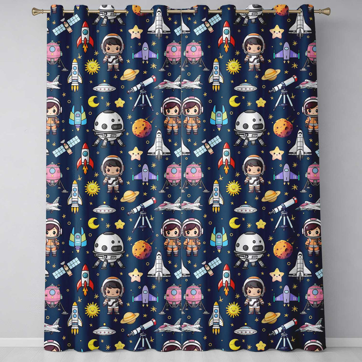 Space Astronaut Rockets UFO Telescope Stars Seamless  Navy Blue Background  Readymade Eyelet Ring Top Thermal 100% Blackout Curtains