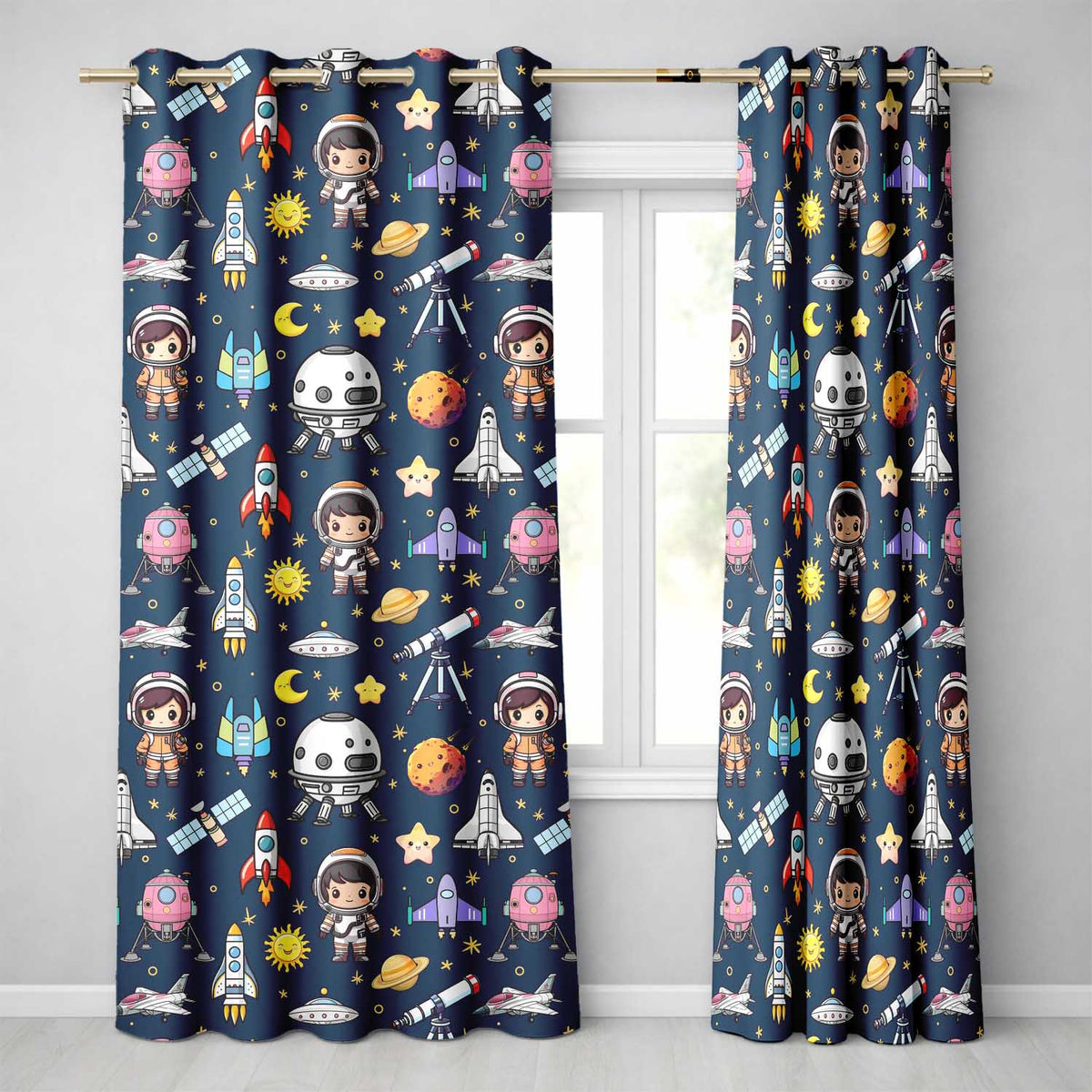 Space Astronaut Rockets UFO Telescope Stars Seamless  Navy Blue Background  Readymade Eyelet Ring Top Thermal 100% Blackout Curtains