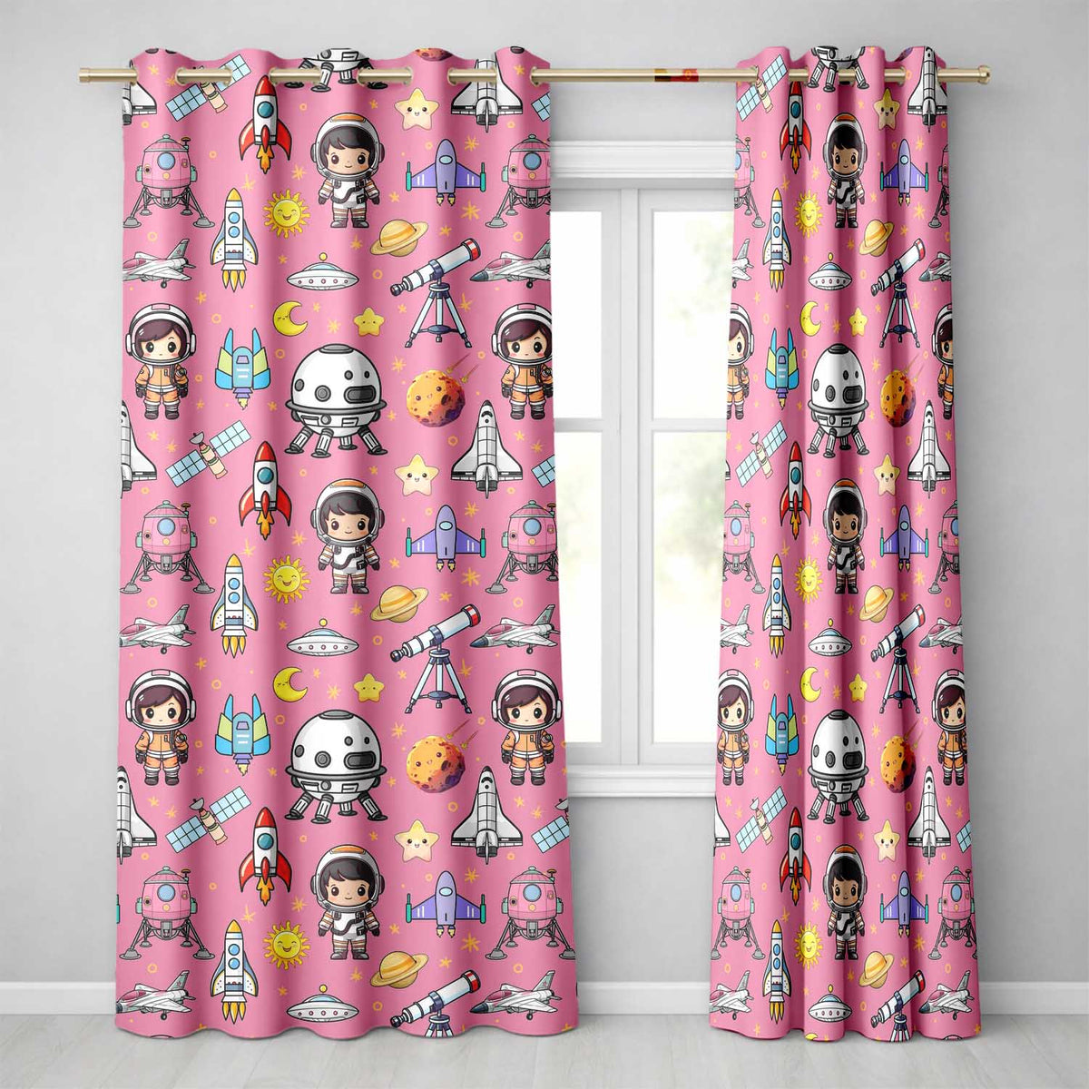 Space Astronaut Rockets UFO Telescope Stars Seamless  Pink Background  Readymade Eyelet Ring Top Thermal 100% Blackout Curtains