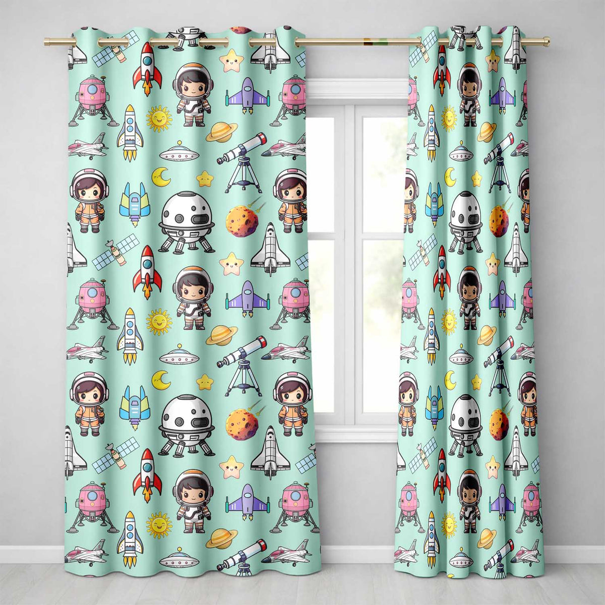 Space Astronaut Rockets UFO Telescope Stars Seamless  Mint Green Background  Readymade Eyelet Ring Top Thermal 100% Blackout Curtains