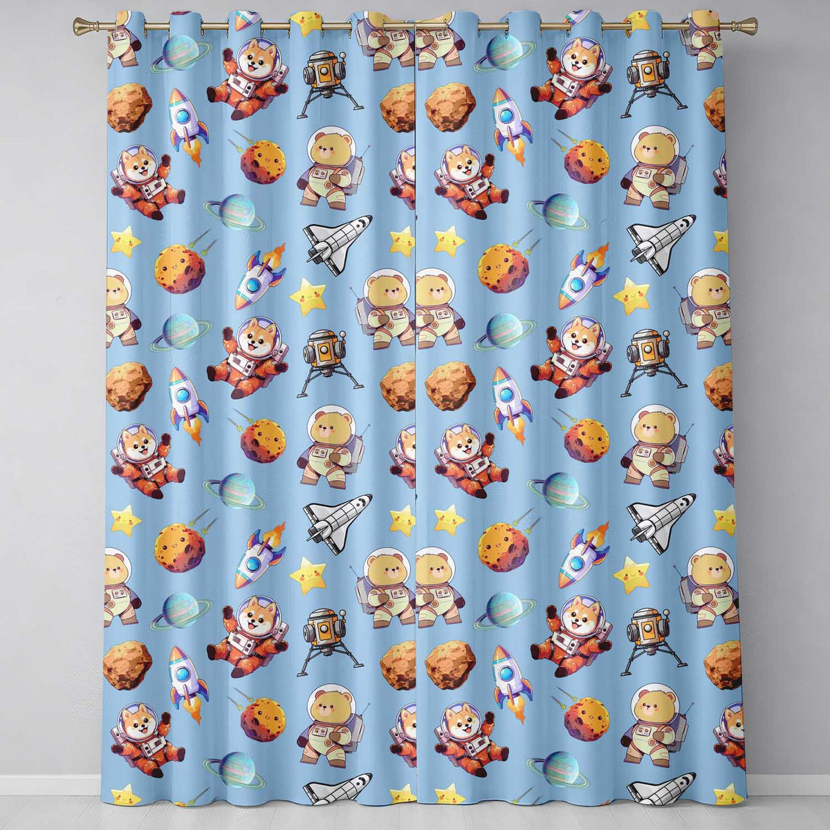 Space Astronaut Rockets UFO Telescope Stars Seamless  Light Grey Background  Readymade Eyelet Ring Top Thermal 100% Blackout Curtains