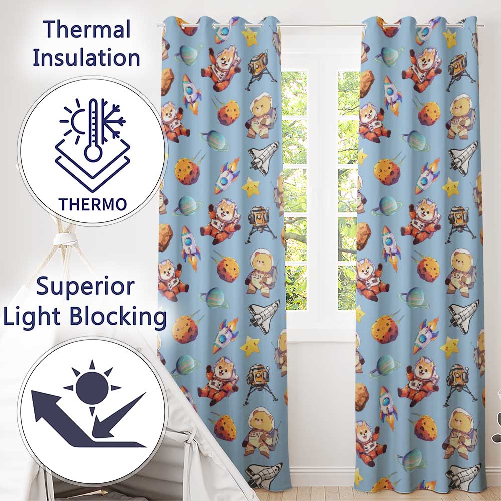 Space Astronaut Rockets UFO Telescope Stars Seamless  Light Grey Background  Readymade Eyelet Ring Top Thermal 100% Blackout Curtains