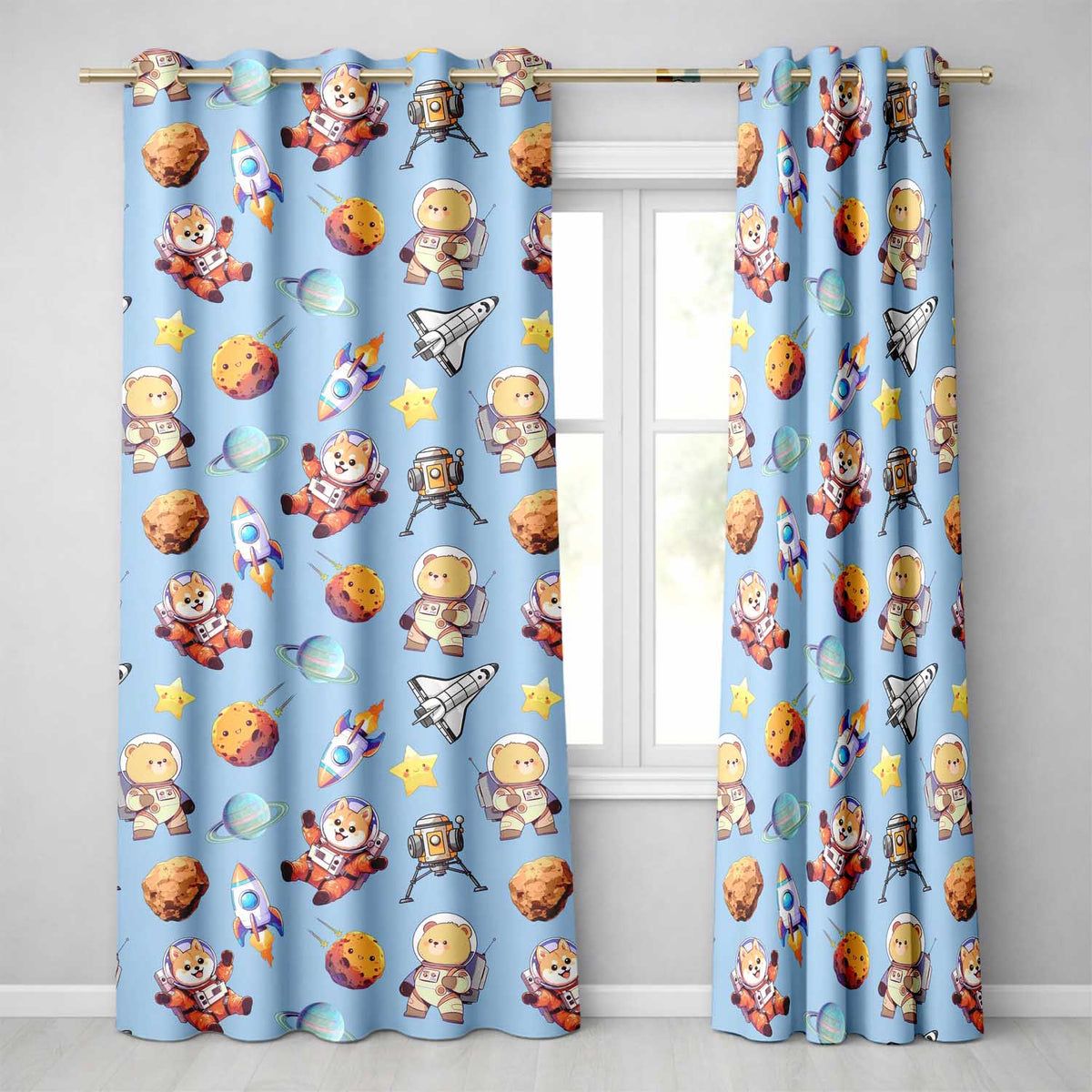 Space Astronaut Rockets UFO Telescope Stars Seamless  Light Grey Background  Readymade Eyelet Ring Top Thermal 100% Blackout Curtains