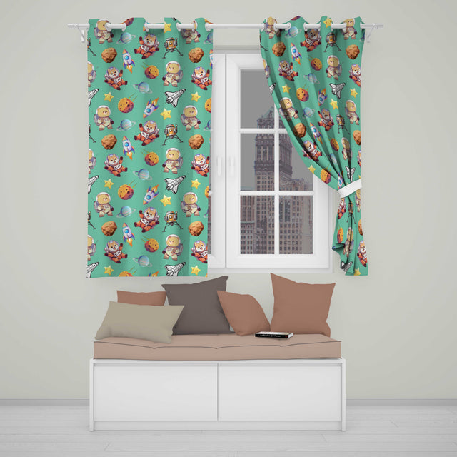 Space Dog Bear Astronaut Rockets Planets Stars Seamless  Green Background  Readymade Eyelet Ring Top Thermal 100% Blackout Curtains