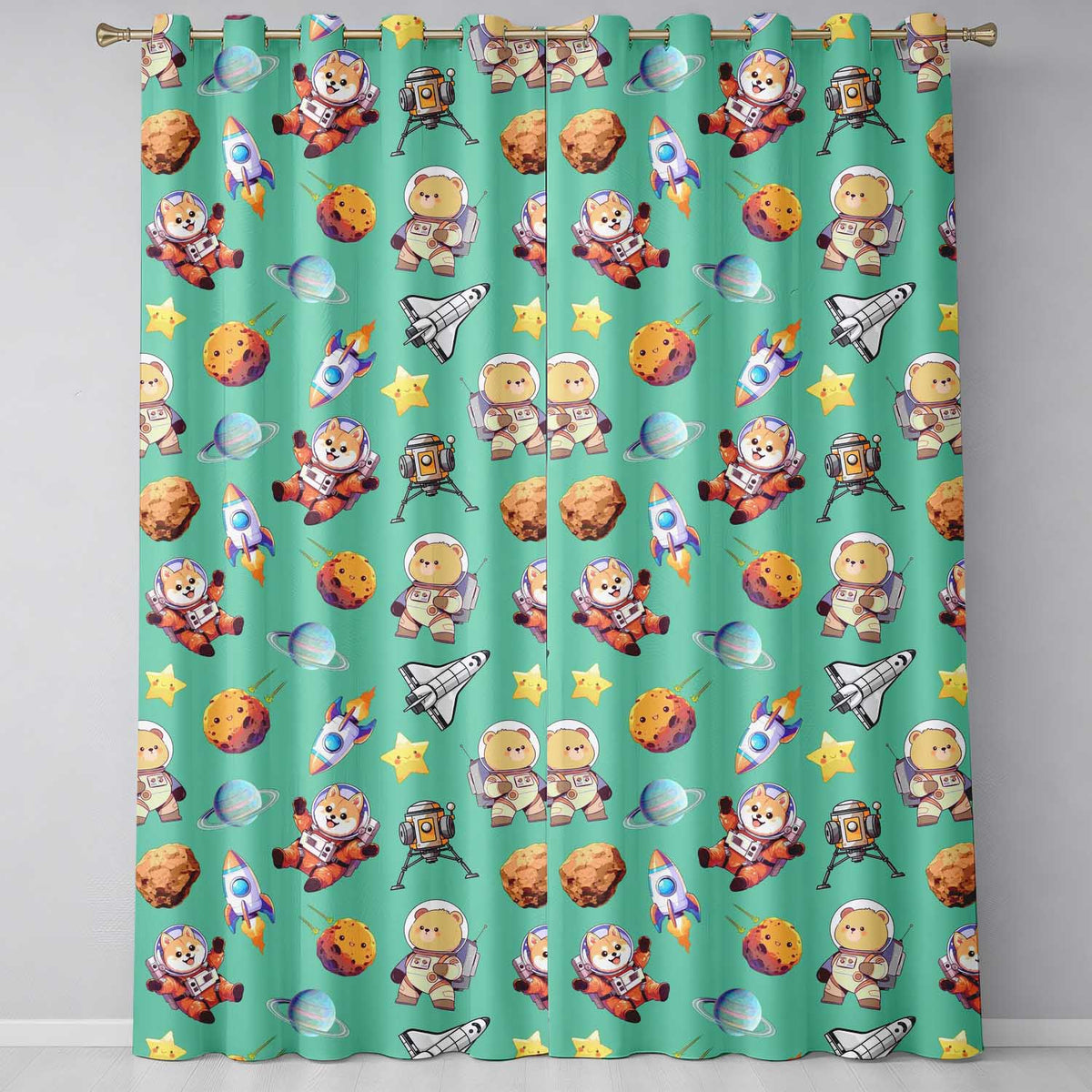 Space Dog Bear Astronaut Rockets Planets Stars Seamless  Green Background  Readymade Eyelet Ring Top Thermal 100% Blackout Curtains