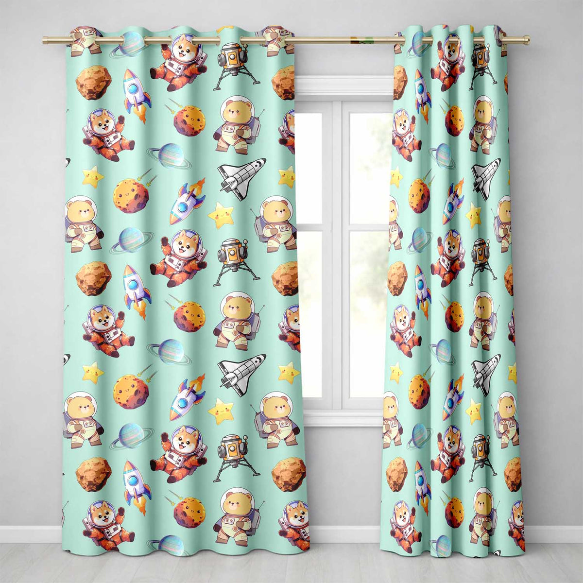 Space Dog Bear Astronaut Rockets Planets Stars Seamless  Teal Background  Readymade Eyelet Ring Top Thermal 100% Blackout Curtains