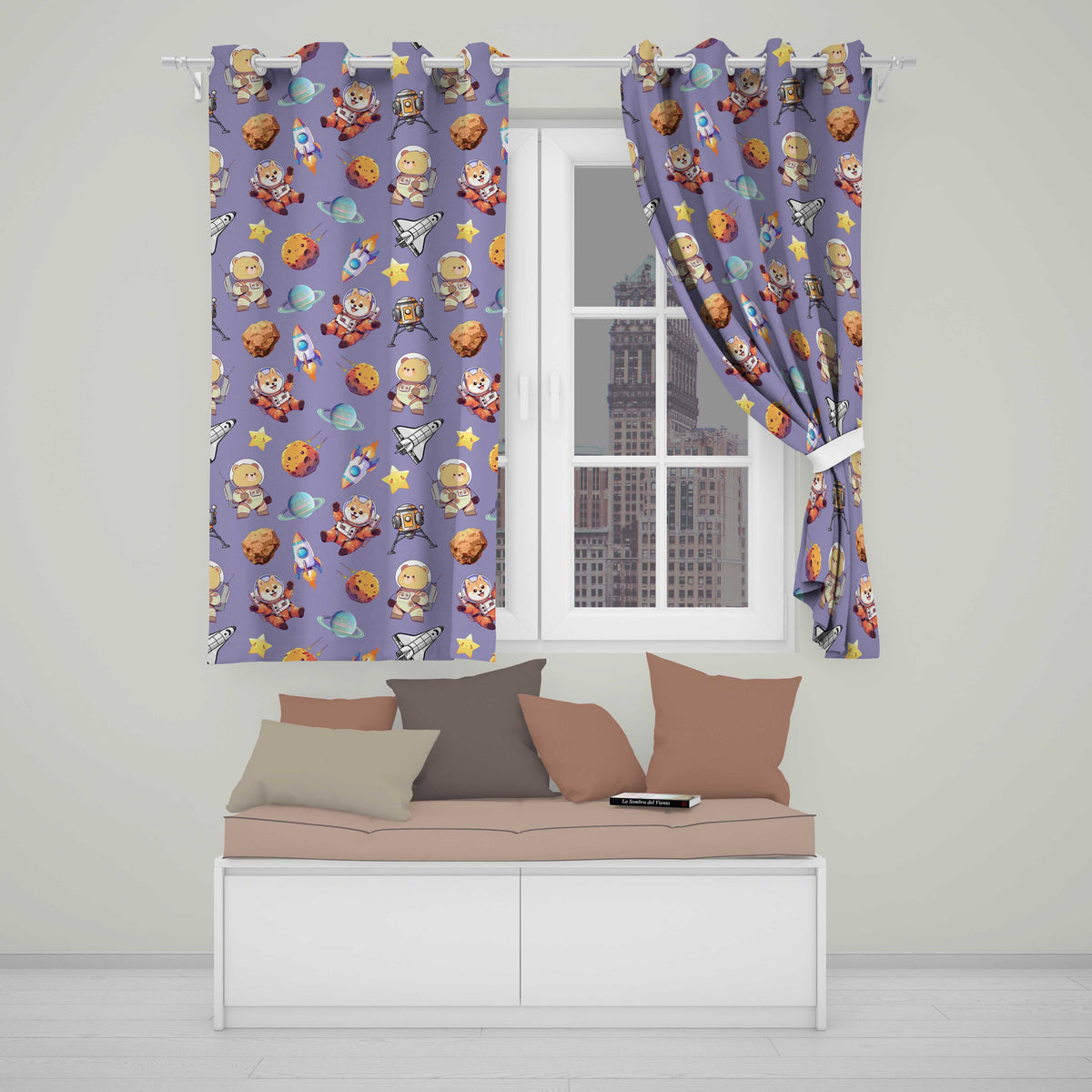 Space Dog Bear Astronaut Rockets Planets Stars Seamless  Lavender Background  Readymade Eyelet Ring Top Thermal 100% Blackout Curtains