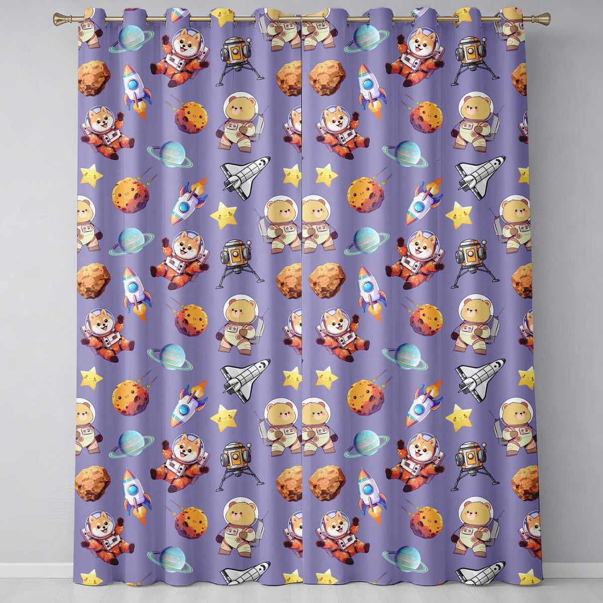 Space Dog Bear Astronaut Rockets Planets Stars Seamless  Lavender Background  Readymade Eyelet Ring Top Thermal 100% Blackout Curtains