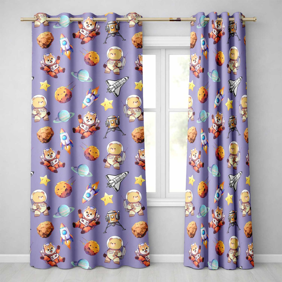 Space Dog Bear Astronaut Rockets Planets Stars Seamless  Lavender Background  Readymade Eyelet Ring Top Thermal 100% Blackout Curtains