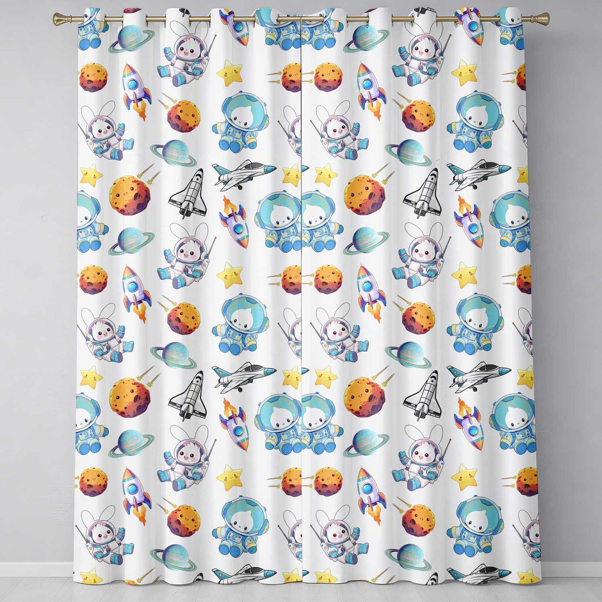 Bunny Astronaut Cat Space Rockets Planets Stars Seamless  Cream Background  Readymade Eyelet Ring Top Thermal 100% Blackout Curtains