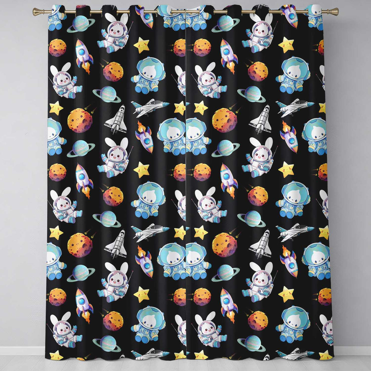 Bunny Astronaut Cat Space Rockets Planets Stars Seamless  Black Background  Readymade Eyelet Ring Top Thermal 100% Blackout Curtains