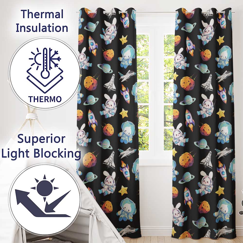 Bunny Astronaut Cat Space Rockets Planets Stars Seamless  Black Background  Readymade Eyelet Ring Top Thermal 100% Blackout Curtains