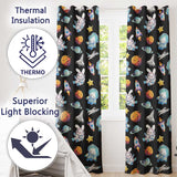 Bunny Astronaut Cat Space Rockets Planets Stars Seamless  Black Background  Readymade Eyelet Ring Top Thermal 100% Blackout Curtains