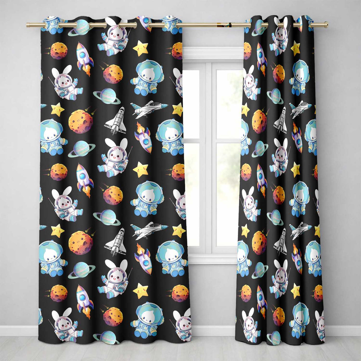 Bunny Astronaut Cat Space Rockets Planets Stars Seamless  Black Background  Readymade Eyelet Ring Top Thermal 100% Blackout Curtains