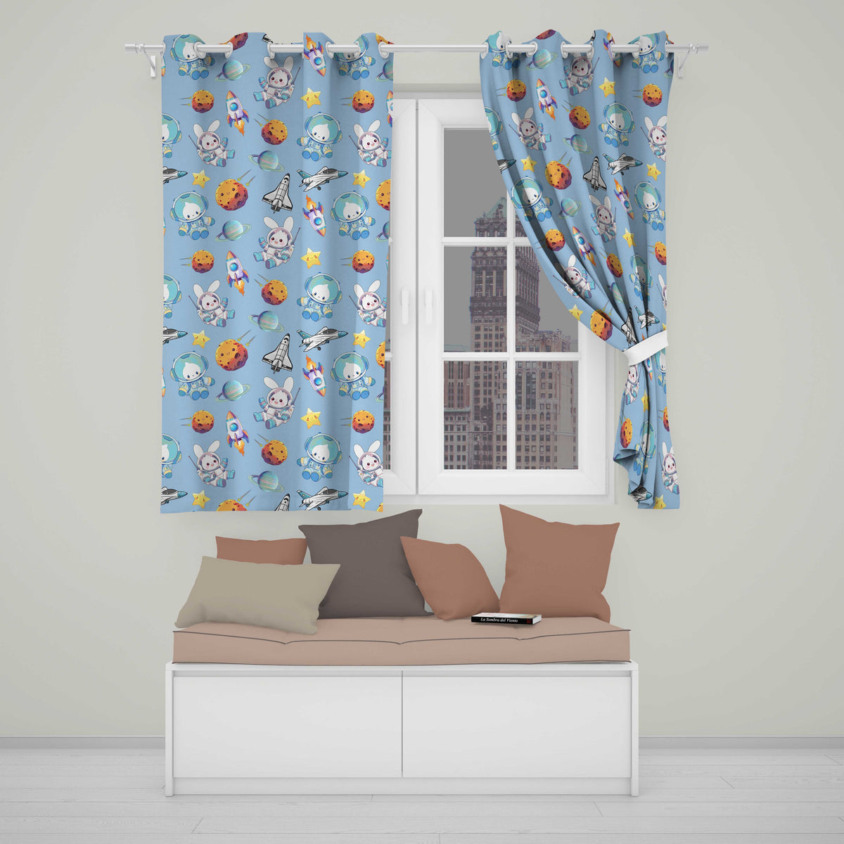 Bunny Astronaut Cat Space Rockets Planets Stars Seamless  Blue Background  Readymade Eyelet Ring Top Thermal 100% Blackout Curtains