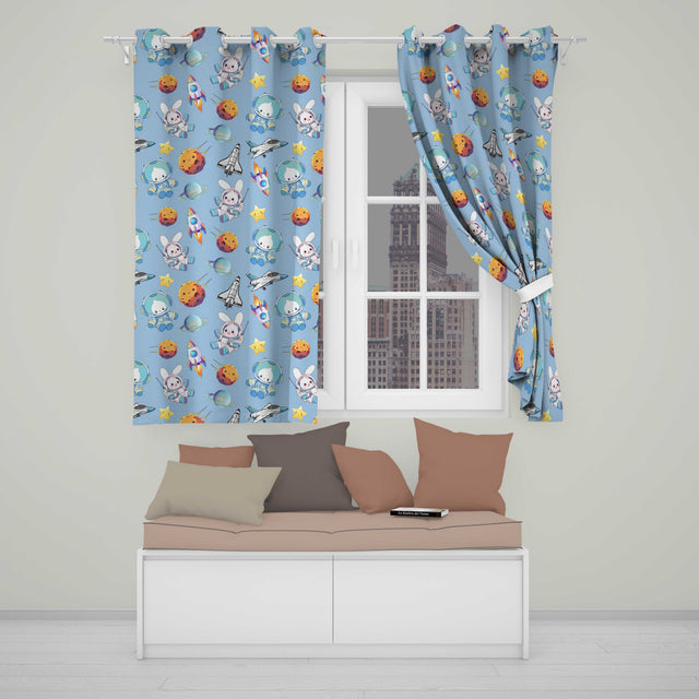 Bunny Astronaut Cat Space Rockets Planets Stars Seamless  Blue Background  Readymade Eyelet Ring Top Thermal 100% Blackout Curtains