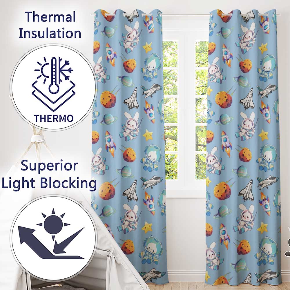 Bunny Astronaut Cat Space Rockets Planets Stars Seamless  Blue Background  Readymade Eyelet Ring Top Thermal 100% Blackout Curtains