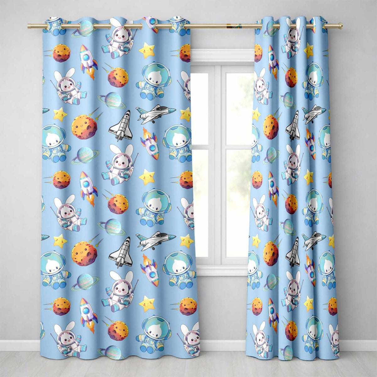 Bunny Astronaut Cat Space Rockets Planets Stars Seamless  Blue Background  Readymade Eyelet Ring Top Thermal 100% Blackout Curtains