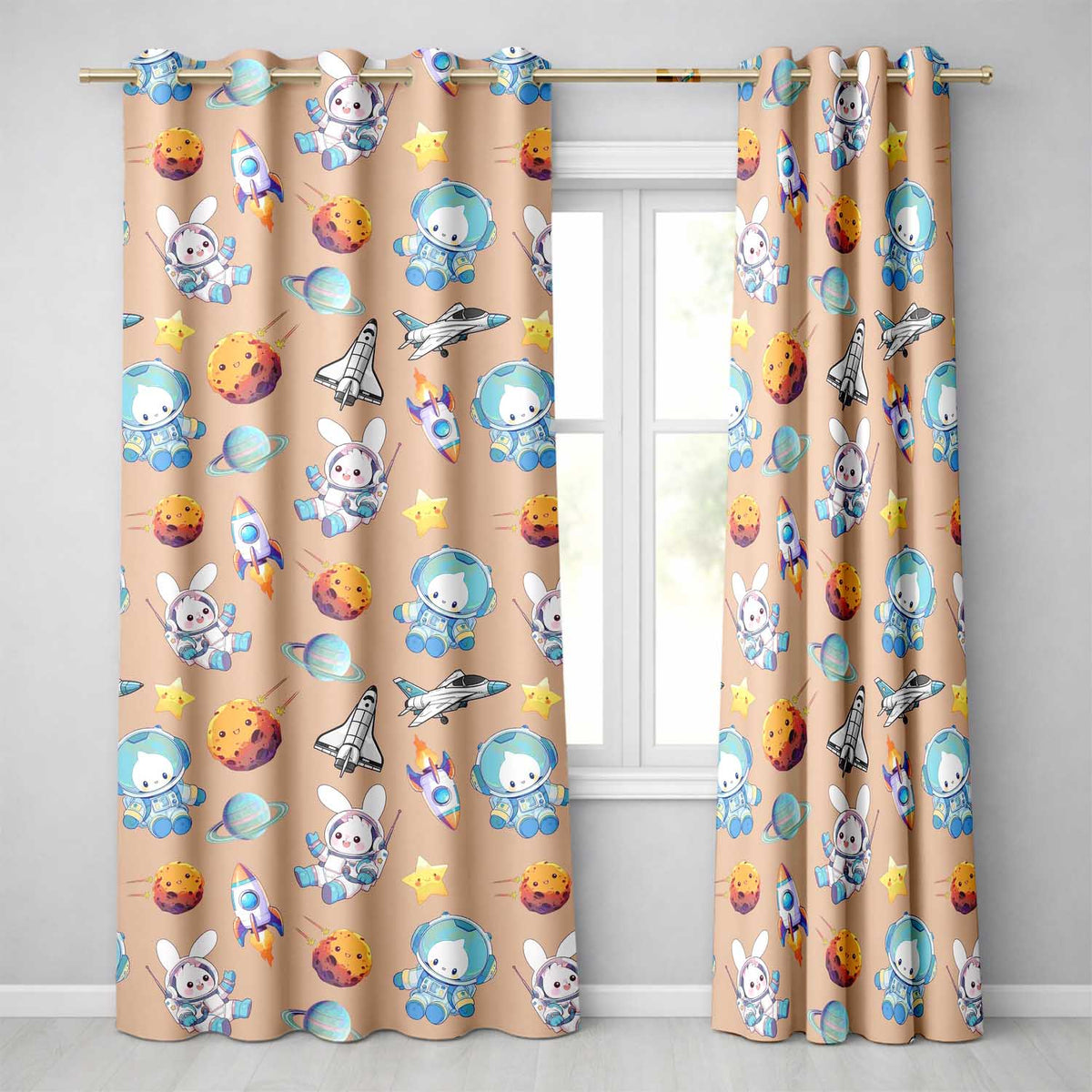 Bunny Astronaut Cat Space Rockets Planets Stars Seamless  Peach Background  Readymade Eyelet Ring Top Thermal 100% Blackout Curtains
