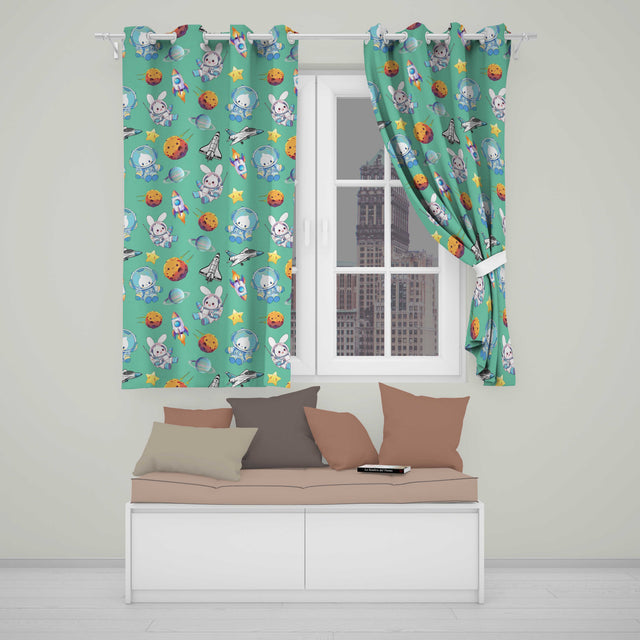 Bunny Astronaut Cat Space Rockets Planets Stars Seamless  Green Background  Readymade Eyelet Ring Top Thermal 100% Blackout Curtains