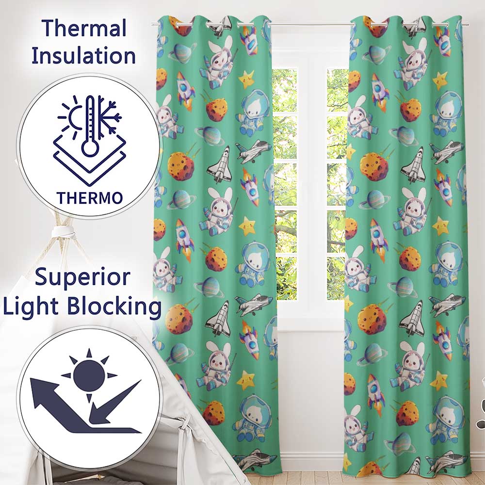 Bunny Astronaut Cat Space Rockets Planets Stars Seamless  Green Background  Readymade Eyelet Ring Top Thermal 100% Blackout Curtains