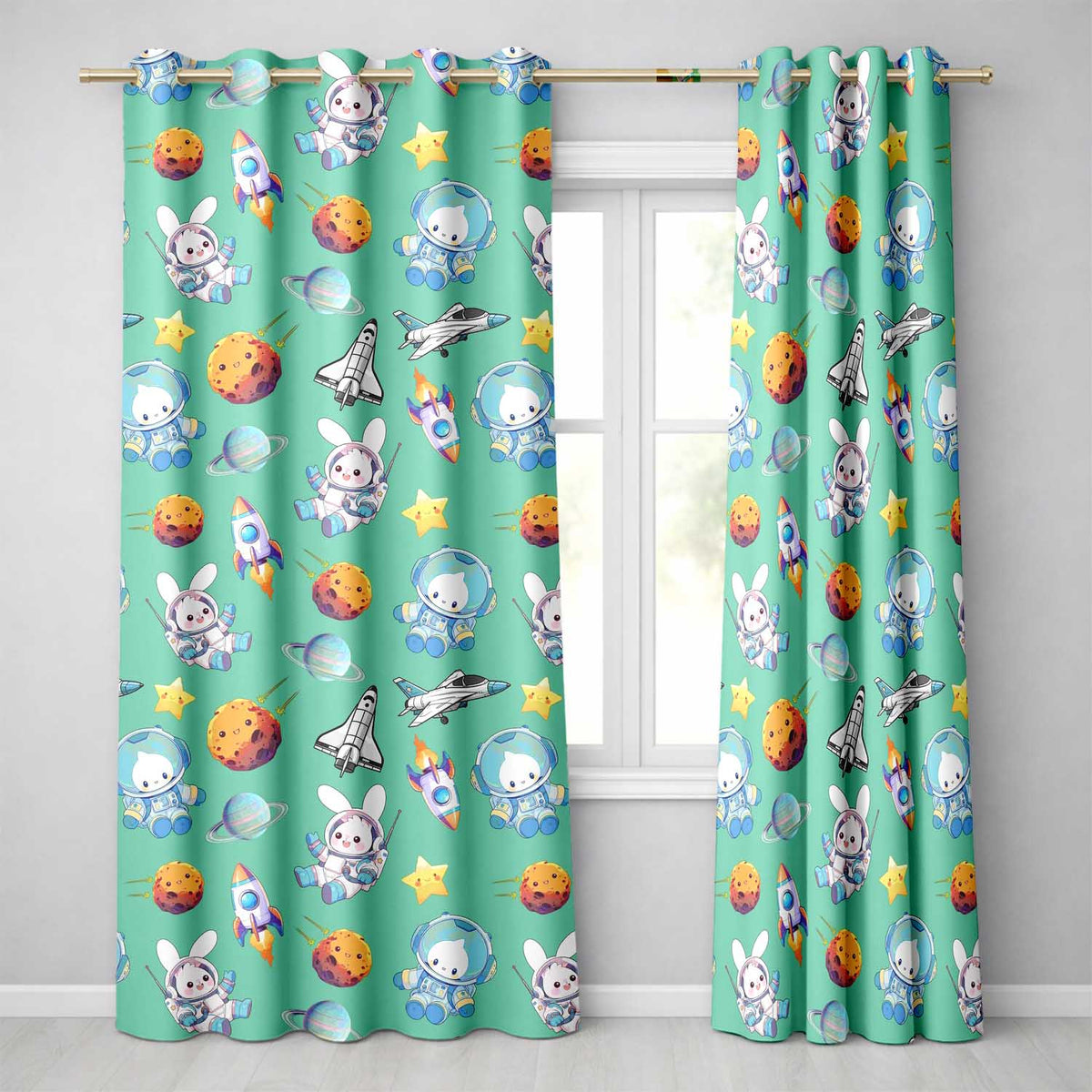 Bunny Astronaut Cat Space Rockets Planets Stars Seamless  Green Background  Readymade Eyelet Ring Top Thermal 100% Blackout Curtains
