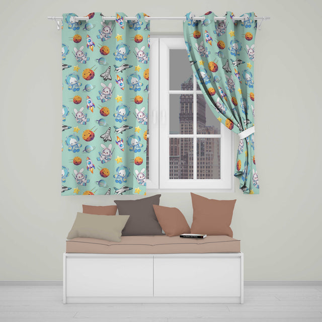 Bunny Astronaut Cat Space Rockets Planets Stars Seamless  Teal Background  Readymade Eyelet Ring Top Thermal 100% Blackout Curtains