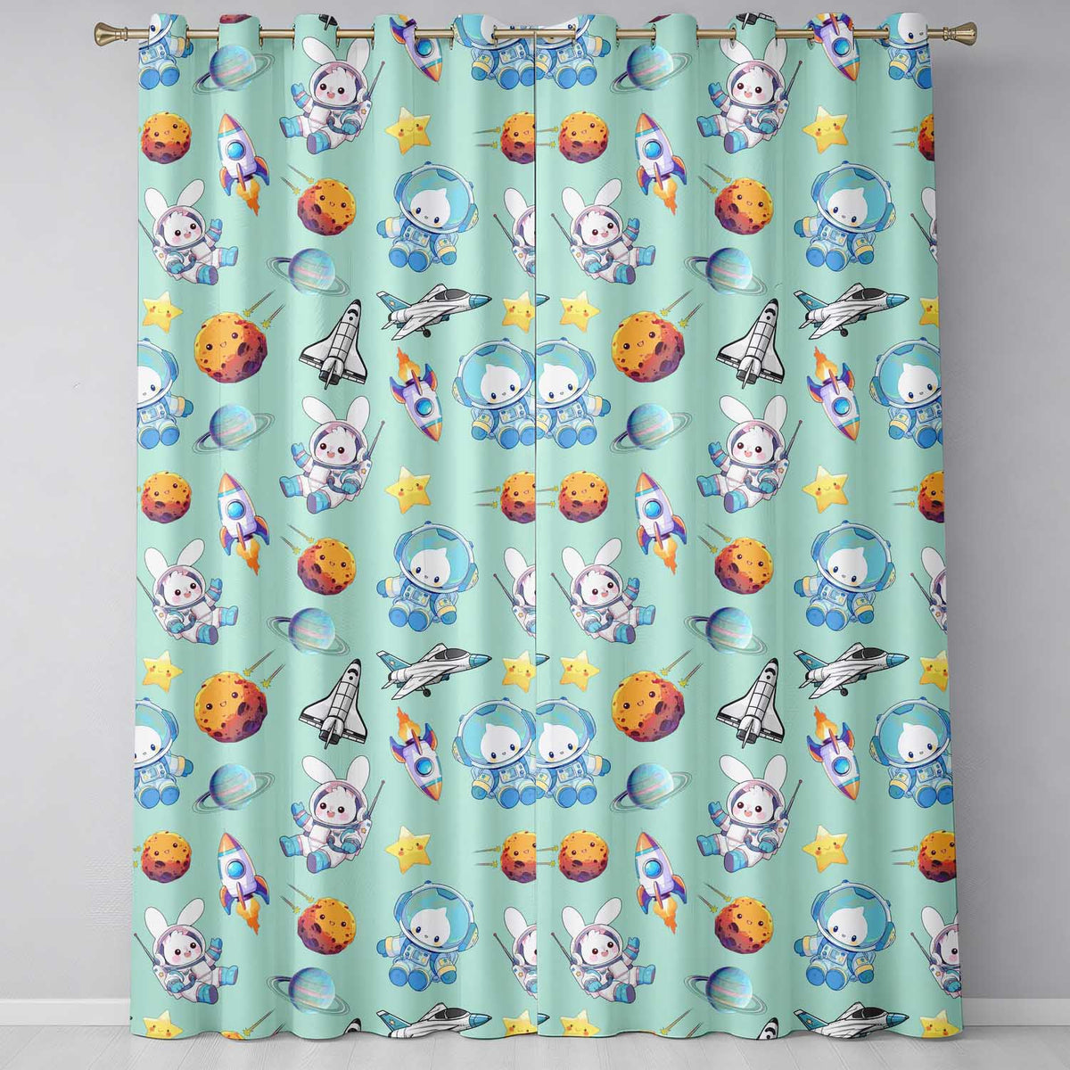 Bunny Astronaut Cat Space Rockets Planets Stars Seamless  Teal Background  Readymade Eyelet Ring Top Thermal 100% Blackout Curtains